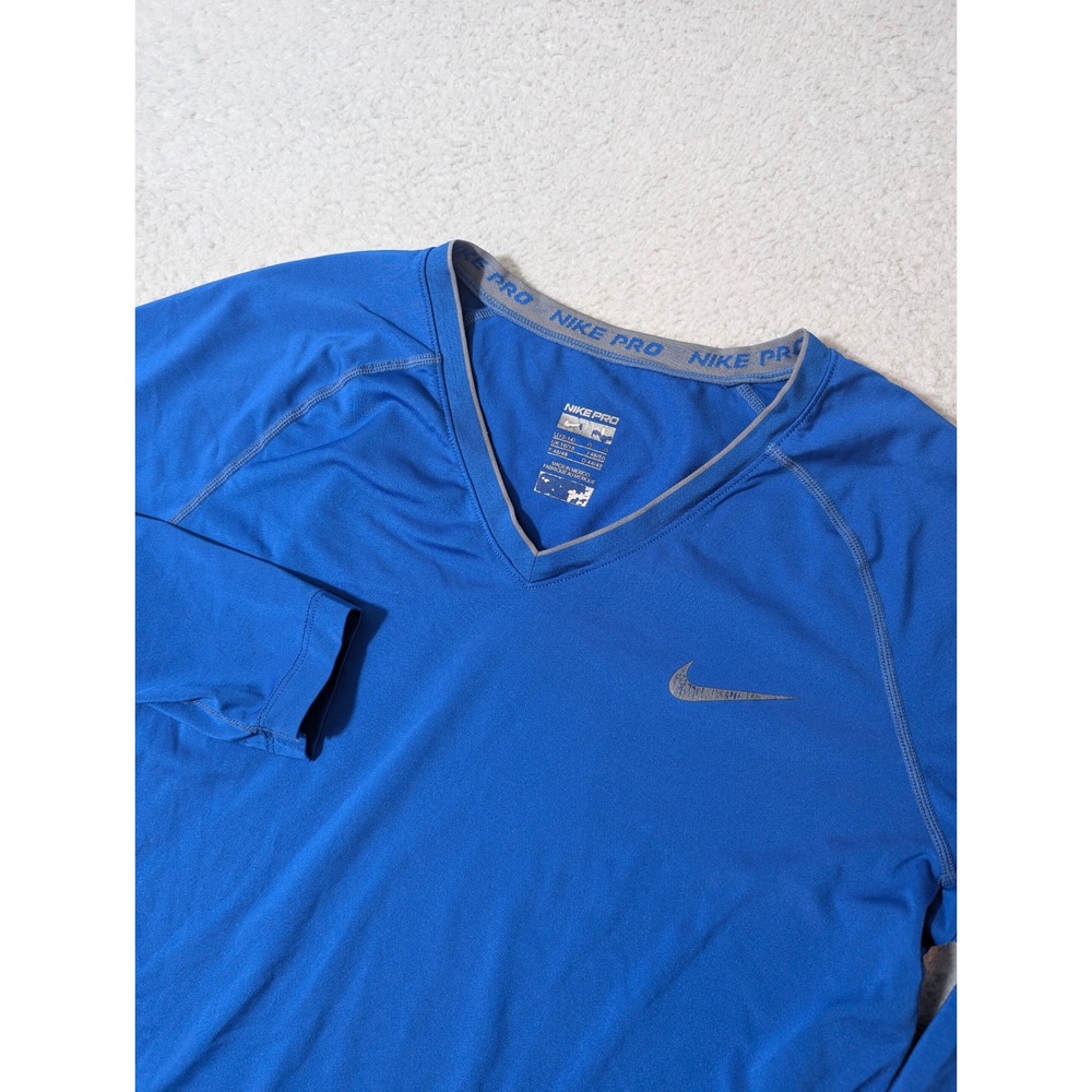 Nike Pro L/S Top Women L Blue Stretch‎ Dri-FIT V-Neck Athletic Shirt 363938-492